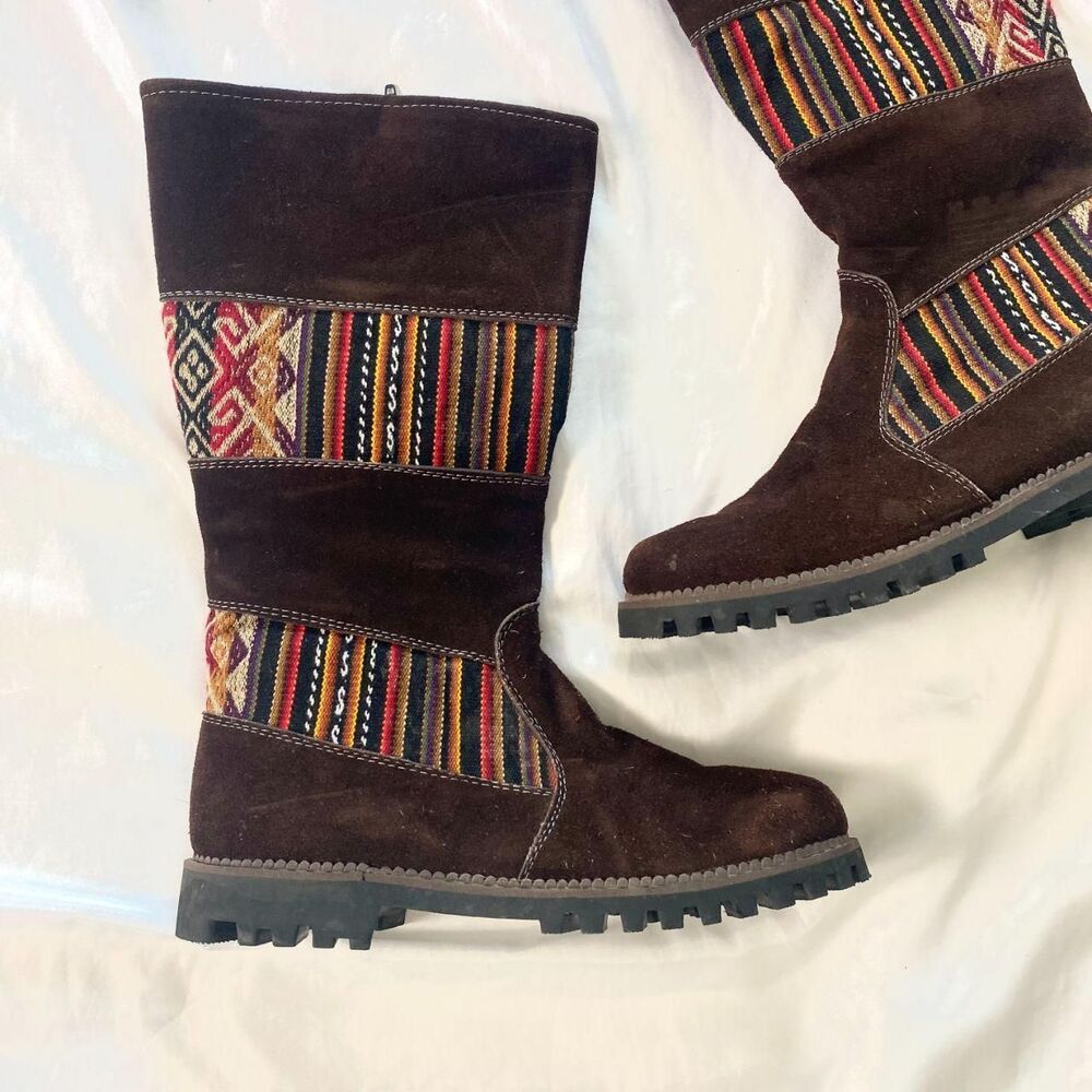 Vintage Brown Suede Southwestern Woven Textile Boots Artisan Boho Festival 8.5 - Picture 2 of 6